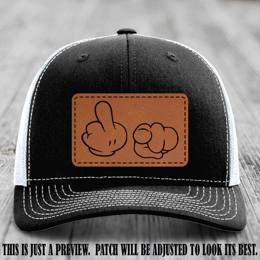 Finger Bang & Blame Game 🖕👉 Rawhide to Black on Black to White Hat - Richardson 112 custom trucker hat
