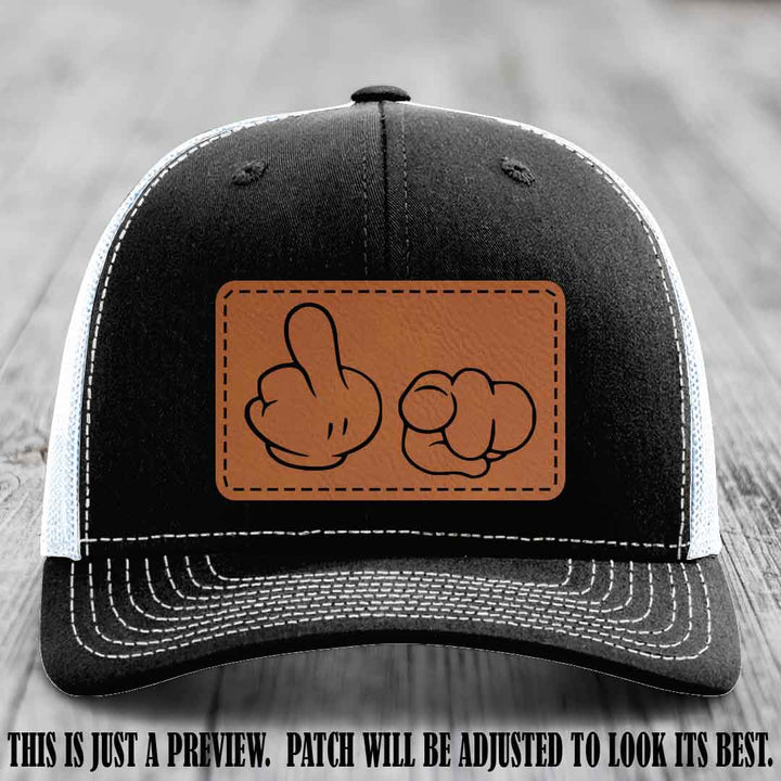 Finger Bang & Blame Game 🖕👉 Rawhide to Black on Black to White Hat - Richardson 112 custom trucker hat