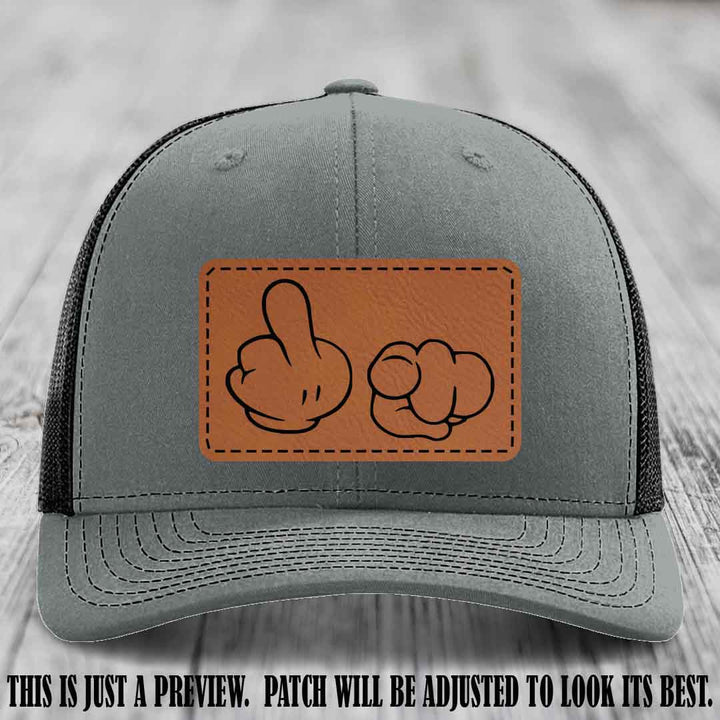 Finger Bang & Blame Game 🖕👉 Rawhide to Black on Heather Grey to Black Hat - Richardson 112 custom trucker hat
