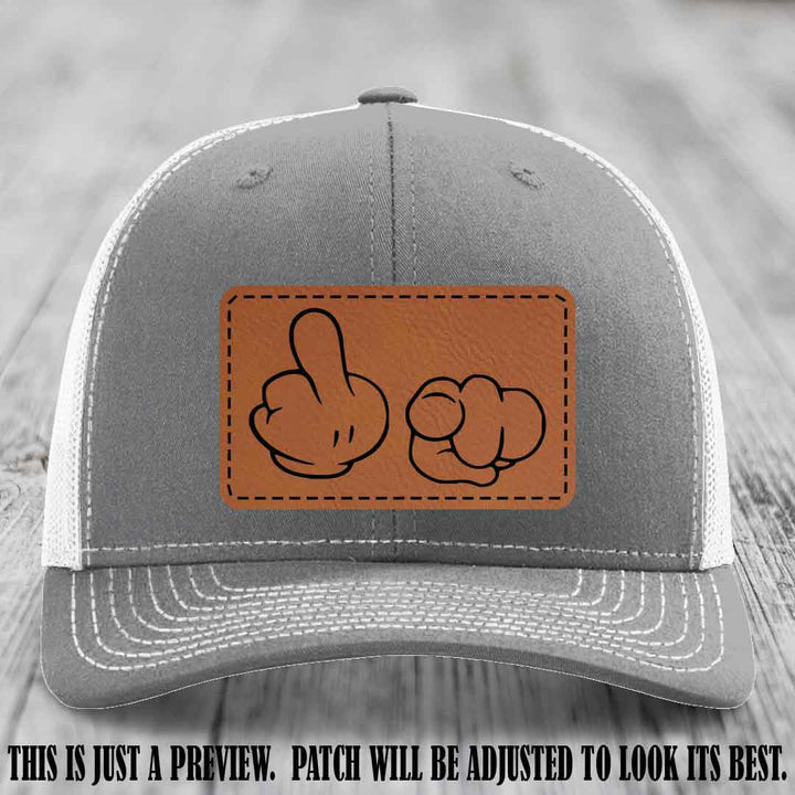 Finger Bang & Blame Game 🖕👉 Rawhide to Black on Heather Grey to White Hat - Richardson 112 custom trucker hat