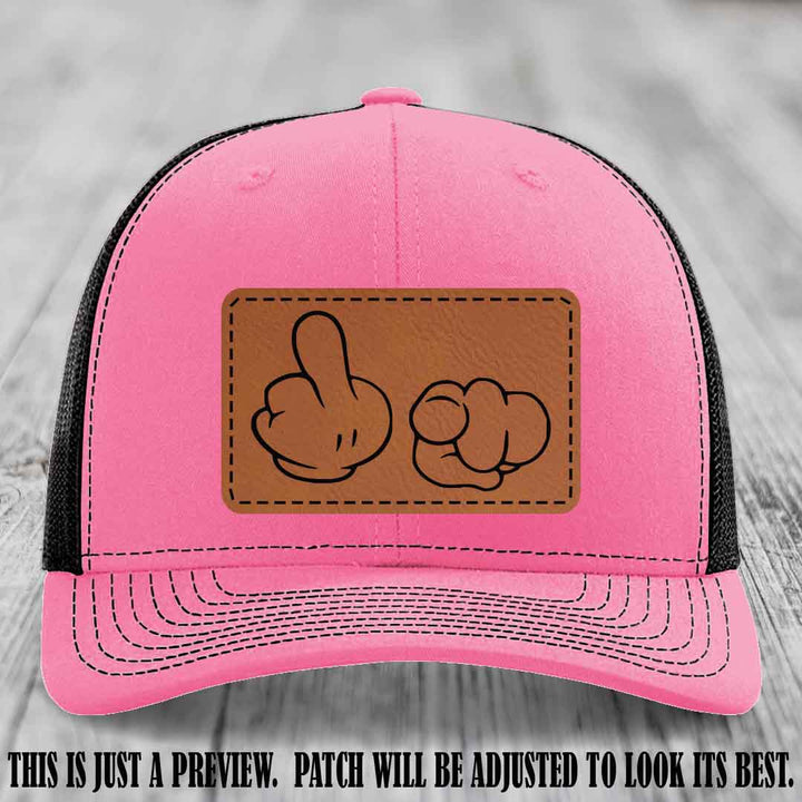 Finger Bang & Blame Game 🖕👉 Rawhide to Black on Hot Pink to Black Hat - Richardson 112 custom trucker hat