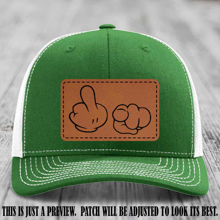 Finger Bang & Blame Game 🖕👉 Rawhide to Black on Kelly to White Hat - Richardson 112 custom trucker hat