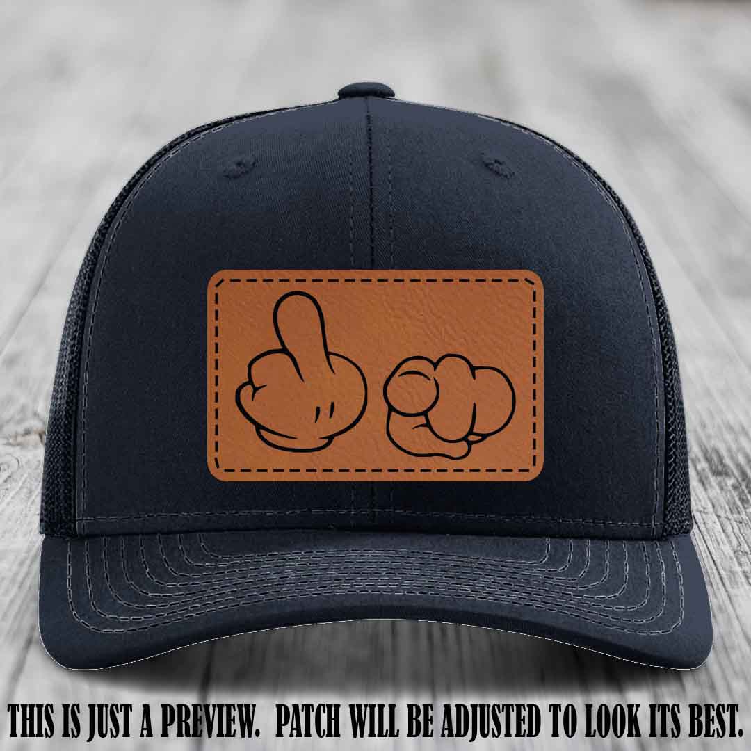 Finger Bang & Blame Game 🖕👉 Rawhide to Black on Navy Hat - Richardson 112 custom trucker hat