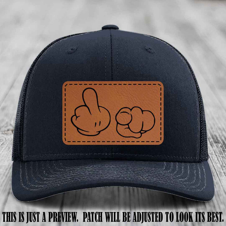 Finger Bang & Blame Game 🖕👉 Rawhide to Black on Navy Hat - Richardson 112 custom trucker hat