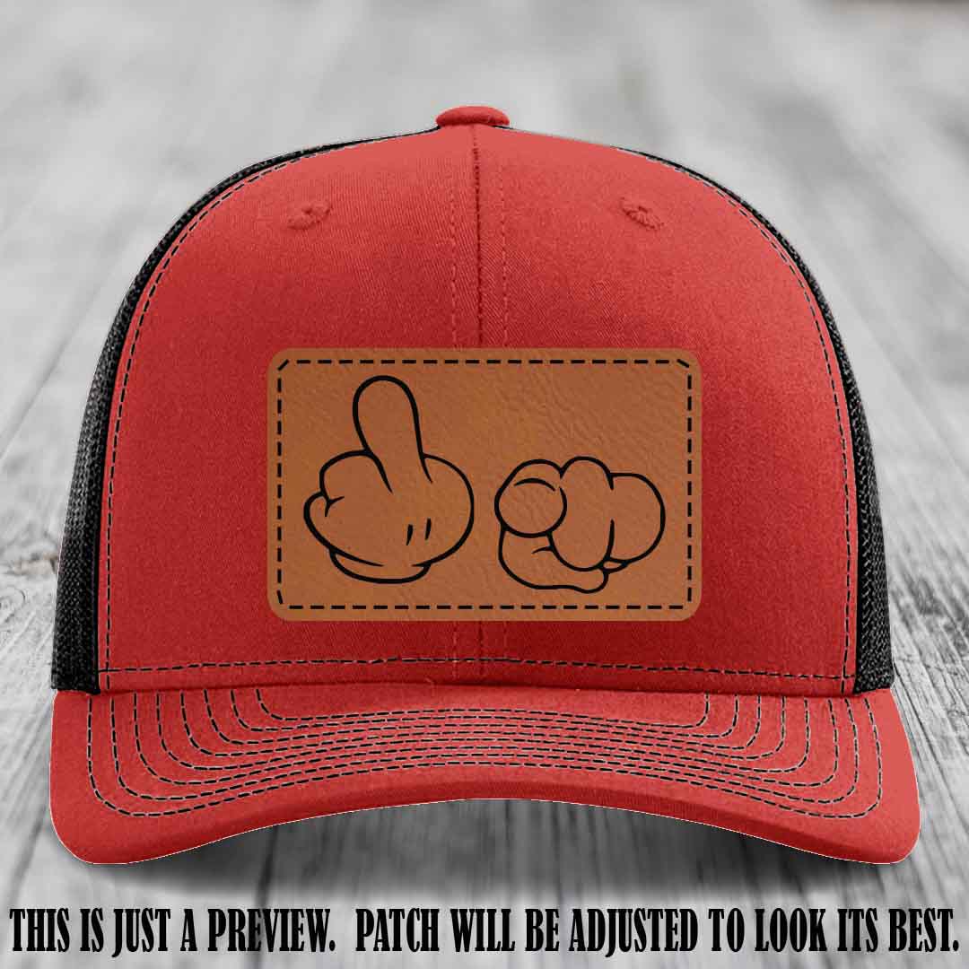 Finger Bang & Blame Game 🖕👉 Rawhide to Black on Red to Black Hat - Richardson 112 custom trucker hat