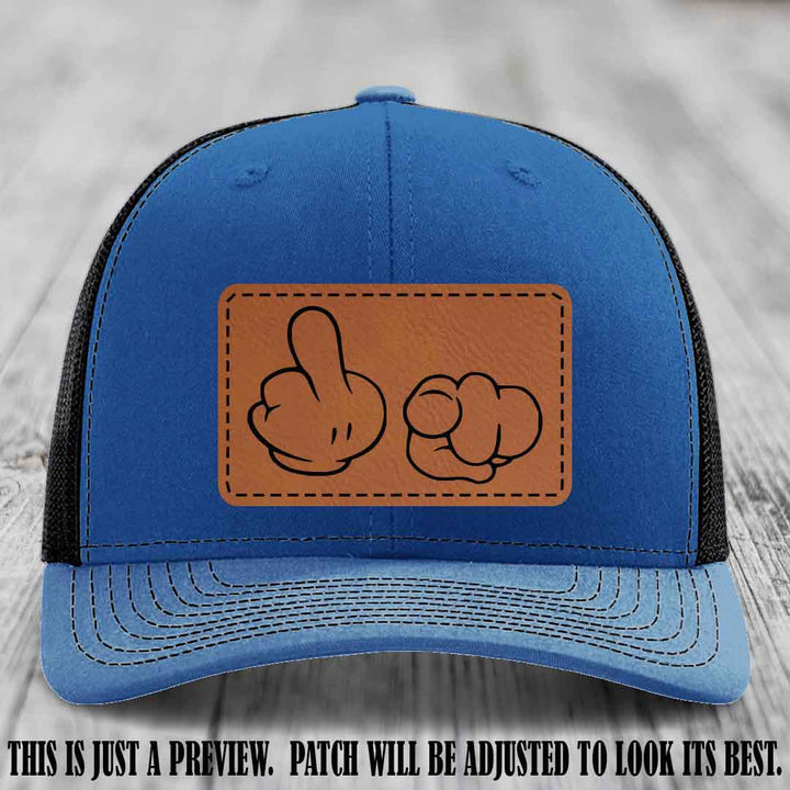 Finger Bang & Blame Game 🖕👉 Rawhide to Black on Royal to Black Hat - Richardson 112 custom trucker hat