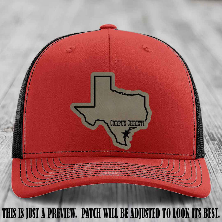 Corpus Christi Star Light Brown to Black Patch on Red to Black Hat Richardson 112