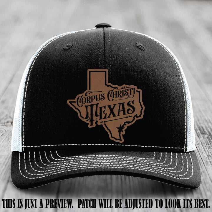 Corpus Christi Texas Dark Brown to Black Patch Leather Patch on Black to White Hat Richardson 112 Hat