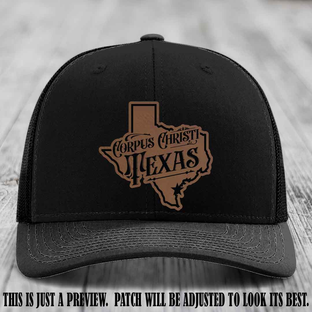 Corpus Christi Texas Dark Brown to Black Patch Leather Patch on Black Hat Richardson 112 Hat
