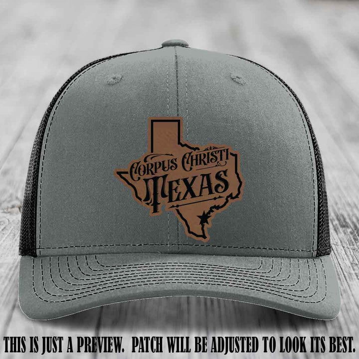 Corpus Christi Texas Dark Brown to Black Patch Leather Patch on Heather Grey to Black Hat Richardson 112 Hat