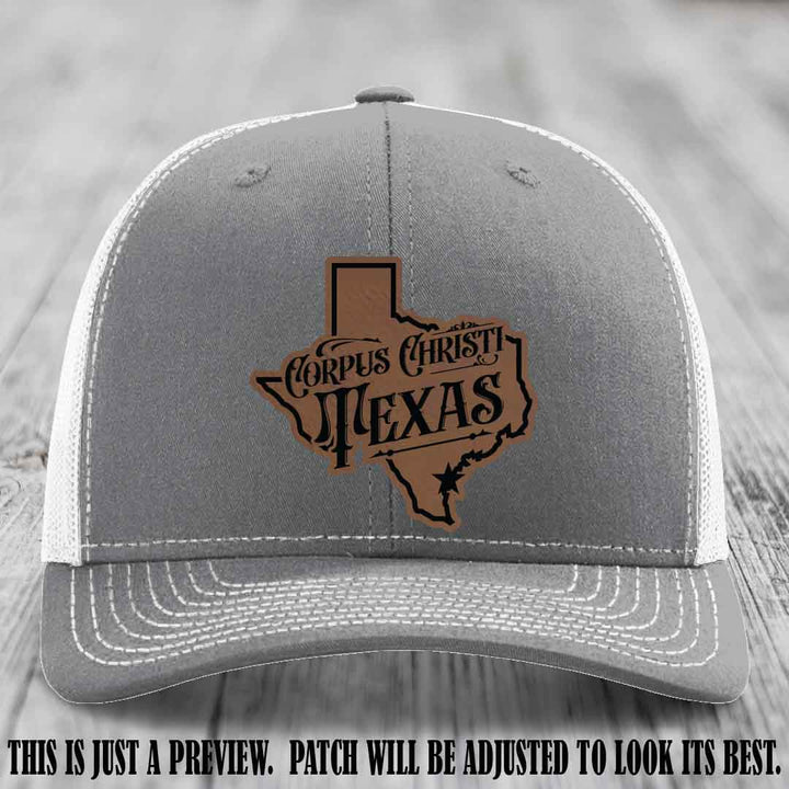 Corpus Christi Texas Dark Brown to Black Patch Leather Patch on Heather Grey to White Hat Richardson 112 Hat