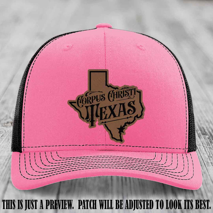 Corpus Christi Texas Dark Brown to Black Patch Leather Patch on Hot Pink to Black Hat Richardson 112 Hat
