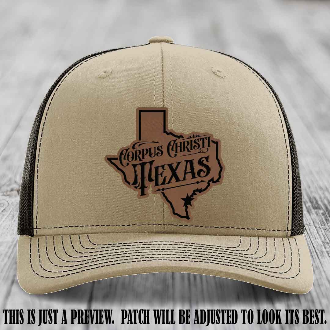 Corpus Christi Texas Dark Brown to Black Patch Leather Patch on Khaki to Coffee Hat Richardson 112 Hat