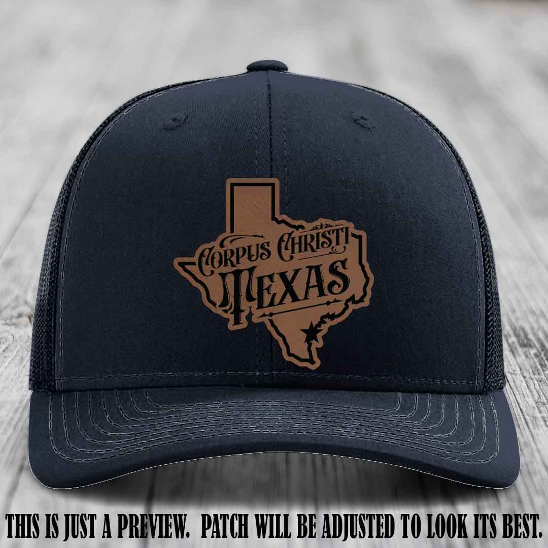 Corpus Christi Texas Dark Brown to Black Patch Leather Patch on Navy Hat Richardson 112 Hat