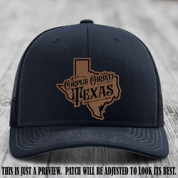 Corpus Christi Texas Dark Brown to Black Patch Leather Patch on Navy Hat Richardson 112 Hat