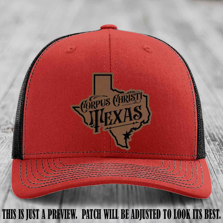 Corpus Christi Texas Dark Brown to Black Patch Leather Patch on Red to Black Hat Richardson 112 Hat