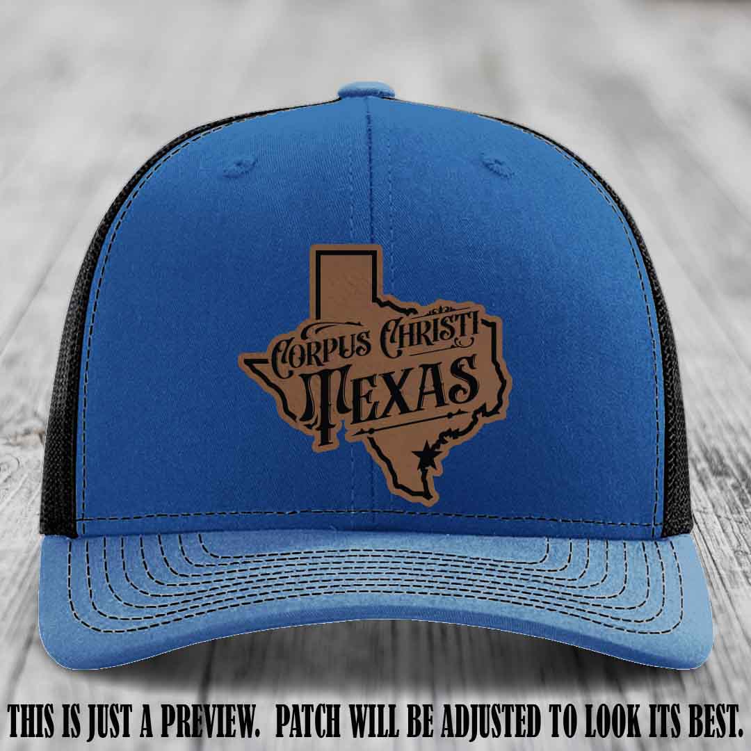Corpus Christi Texas Dark Brown to Black Patch Leather Patch on Royal to Black Hat Richardson 112 Hat