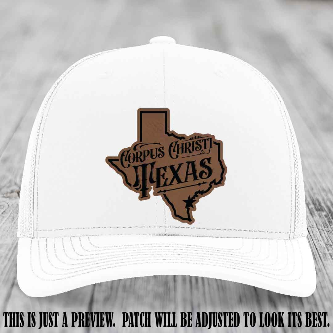 Corpus Christi Texas Dark Brown to Black Patch Leather Patch on White Hat Richardson 112 Hat