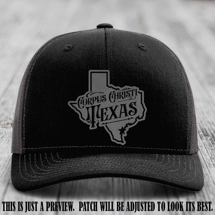 Corpus Christi Texas Grey to Black Patch Leather Patch on Black to Charcoal Hat Richardson 112 Hat