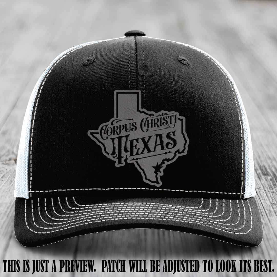 Corpus Christi Texas Grey to Black Patch Leather Patch on Black to White Hat Richardson 112 Hat