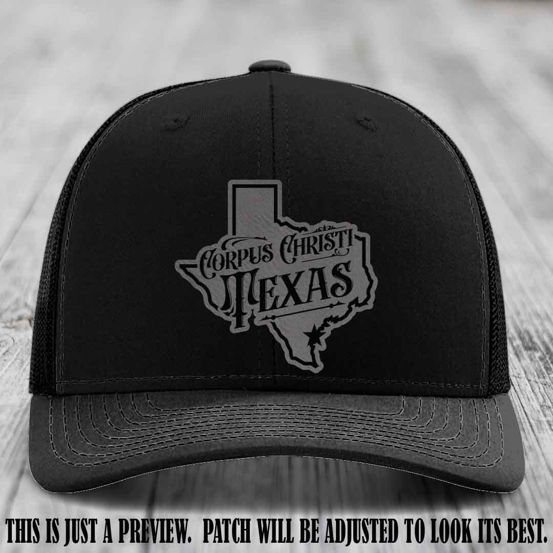 Corpus Christi Texas Grey to Black Patch Leather Patch on Black Hat Richardson 112 Hat
