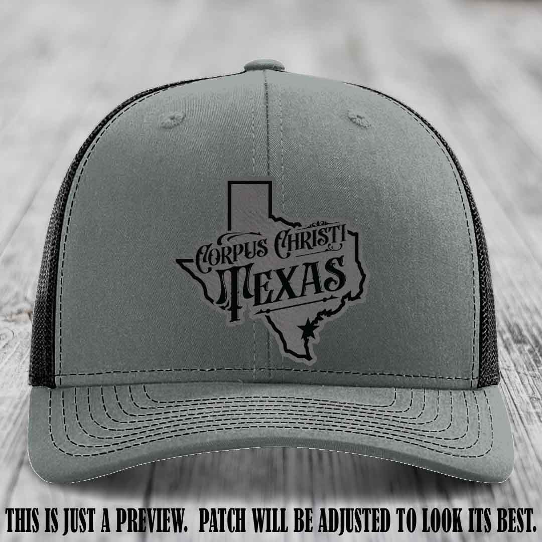 Corpus Christi Texas Grey to Black Patch Leather Patch on Heather Grey to Black Hat Richardson 112 Hat