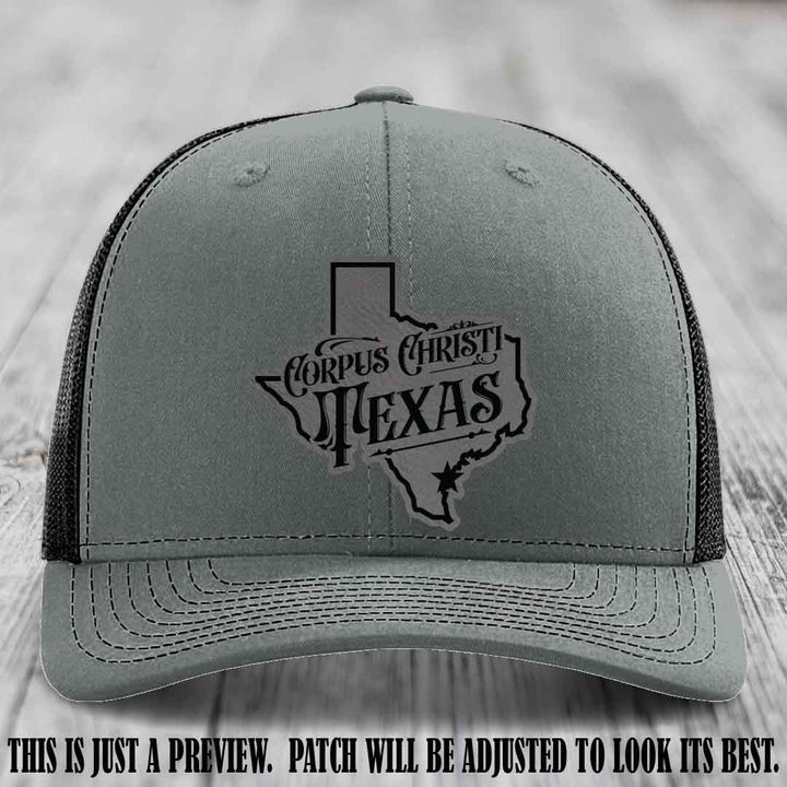 Corpus Christi Texas Grey to Black Patch Leather Patch on Heather Grey to Black Hat Richardson 112 Hat