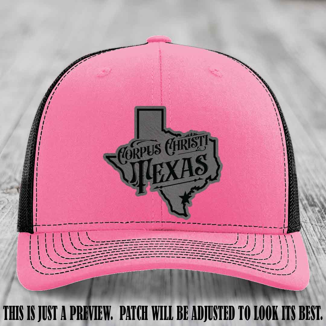 Corpus Christi Texas Grey to Black Patch Leather Patch on Hot Pink to Black Hat Richardson 112 Hat