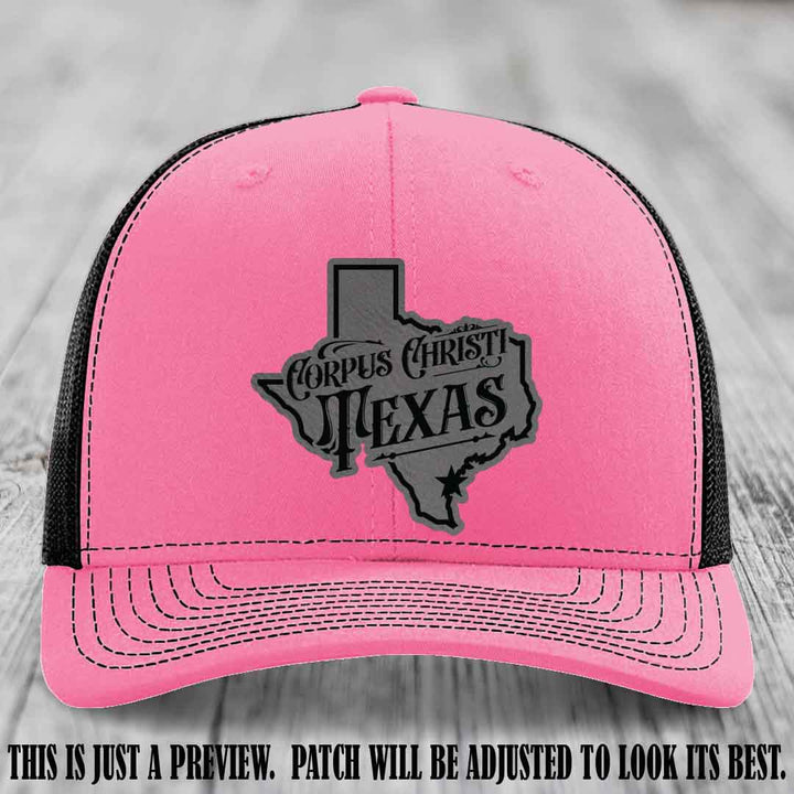 Corpus Christi Texas Grey to Black Patch Leather Patch on Hot Pink to Black Hat Richardson 112 Hat