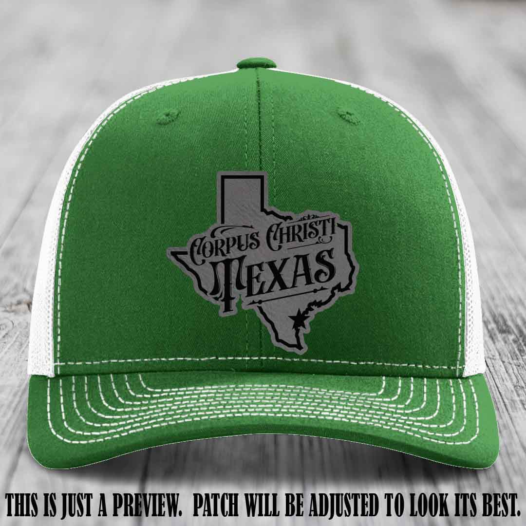 Corpus Christi Texas Grey to Black Patch Leather Patch on Kelly to White Hat Richardson 112 Hat