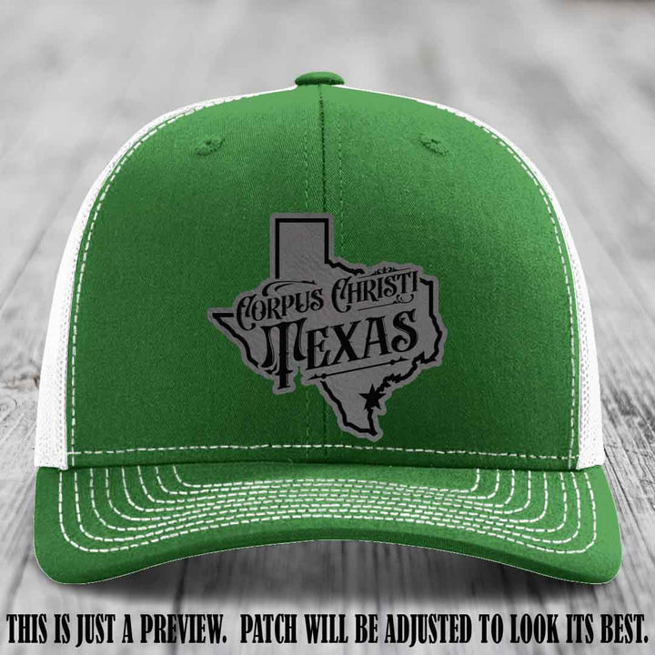 Corpus Christi Texas Grey to Black Patch Leather Patch on Kelly to White Hat Richardson 112 Hat