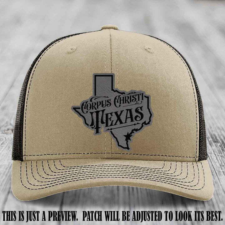 Corpus Christi Texas Grey to Black Patch Leather Patch on Khaki to Coffee Hat Richardson 112 Hat