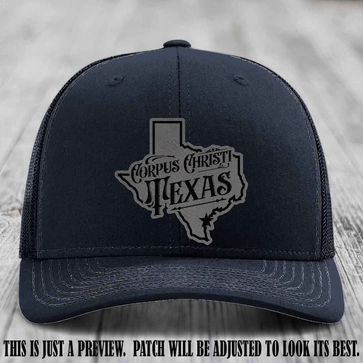 Corpus Christi Texas Grey to Black Patch Leather Patch on Navy Hat Richardson 112 Hat