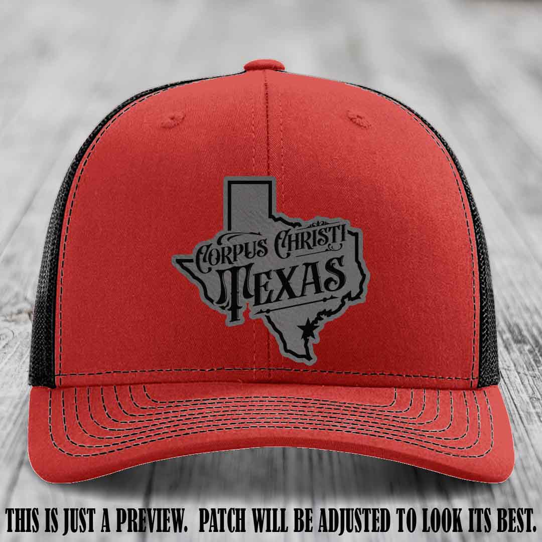 Corpus Christi Texas Grey to Black Patch Leather Patch on Red to Black Hat Richardson 112 Hat