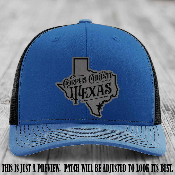 Corpus Christi Texas Grey to Black Patch Leather Patch on Royal to Black Hat Richardson 112 Hat