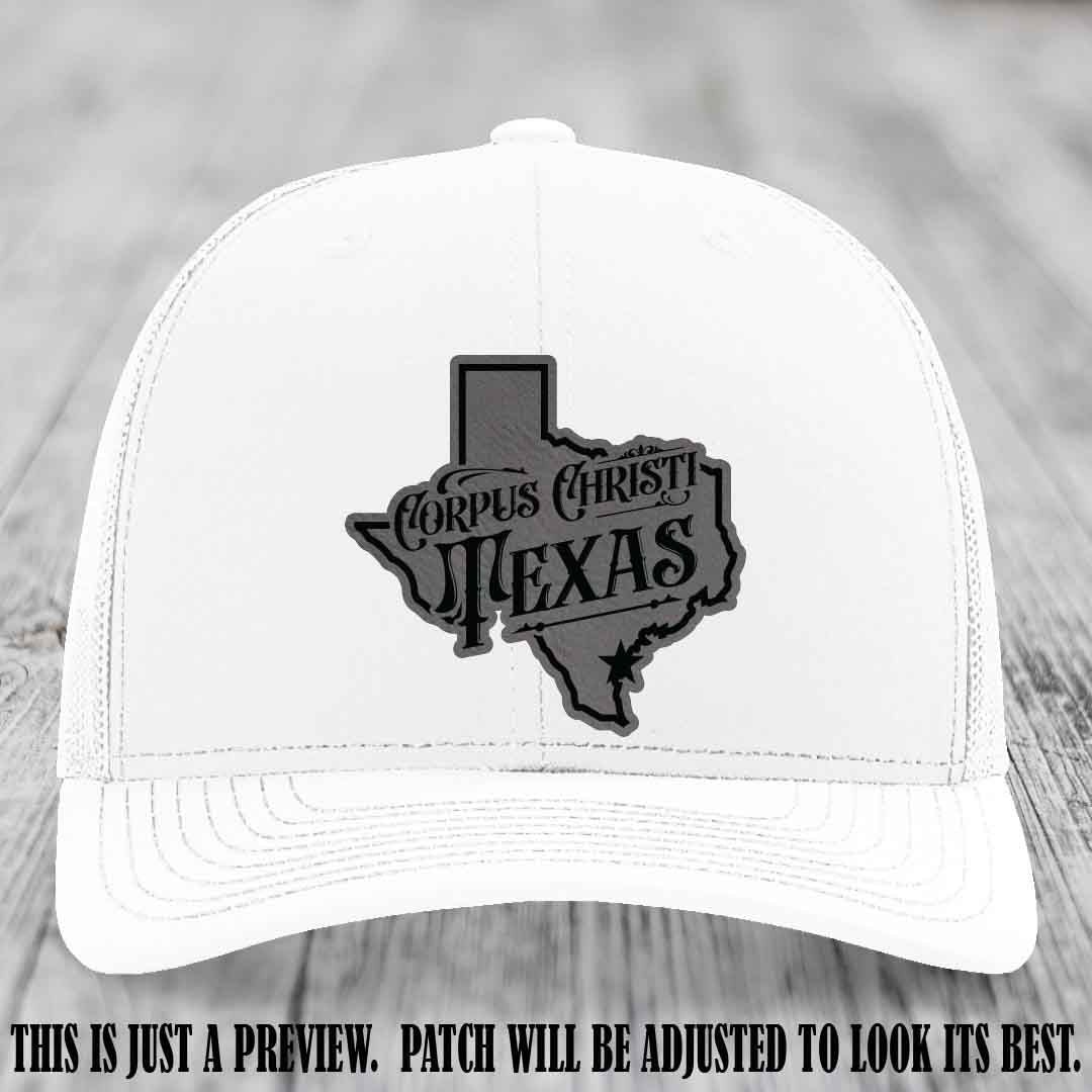 Corpus Christi Texas Grey to Black Patch Leather Patch on White Hat Richardson 112 Hat