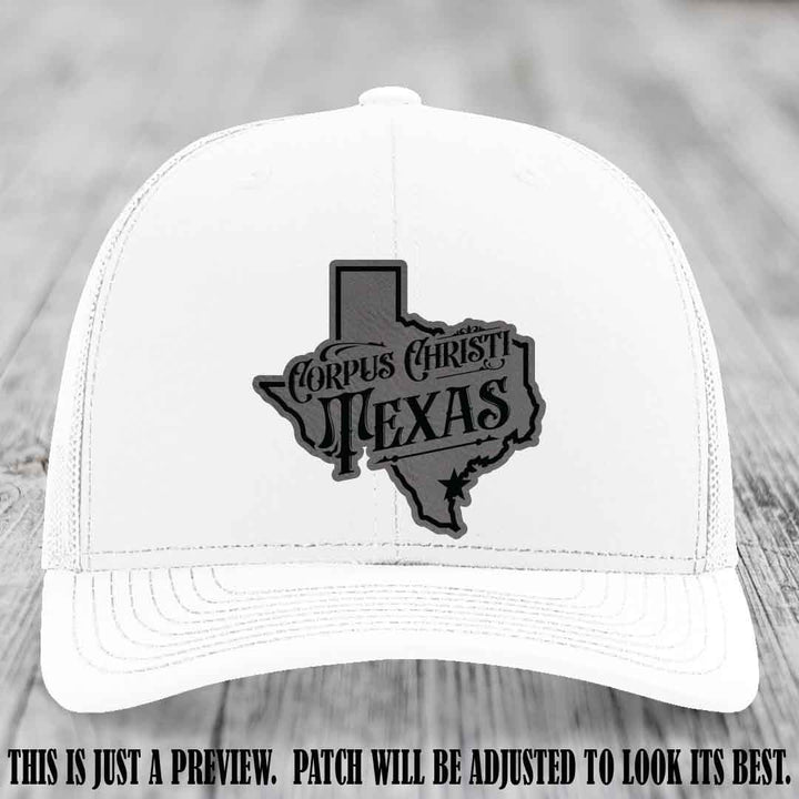 Corpus Christi Texas Grey to Black Patch Leather Patch on White Hat Richardson 112 Hat