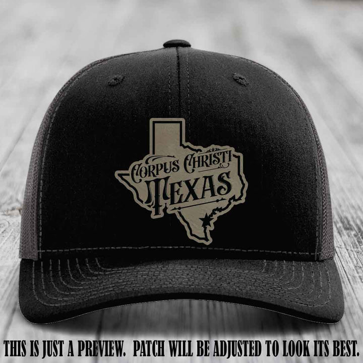 Corpus Christi Texas Light Brown to Black Patch Leather Patch on Black to Charcoal Hat Richardson 112 Hat