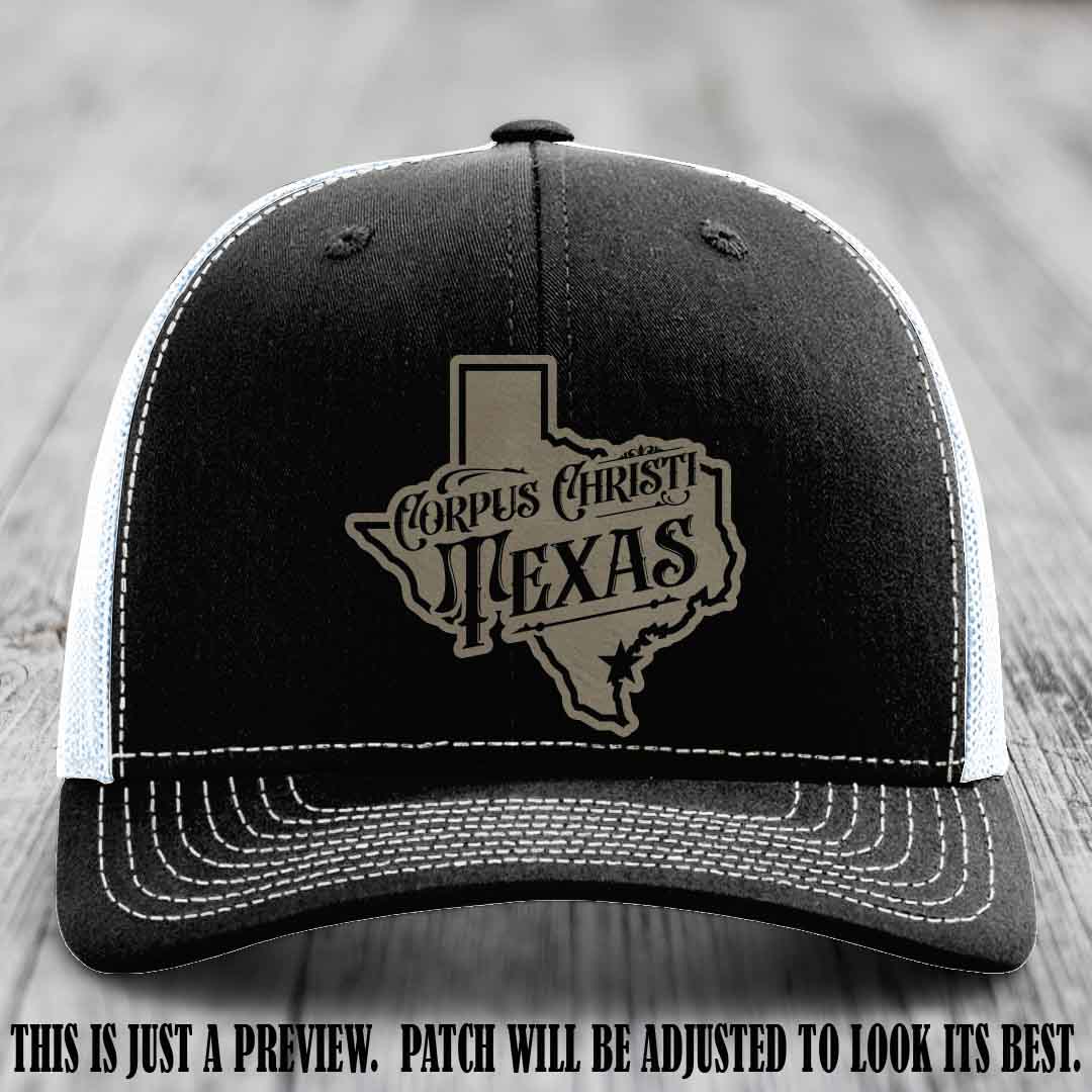 Corpus Christi Texas Light Brown to Black Patch Leather Patch on Black to White Hat Richardson 112 Hat