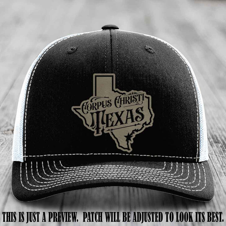 Corpus Christi Texas Light Brown to Black Patch Leather Patch on Black to White Hat Richardson 112 Hat