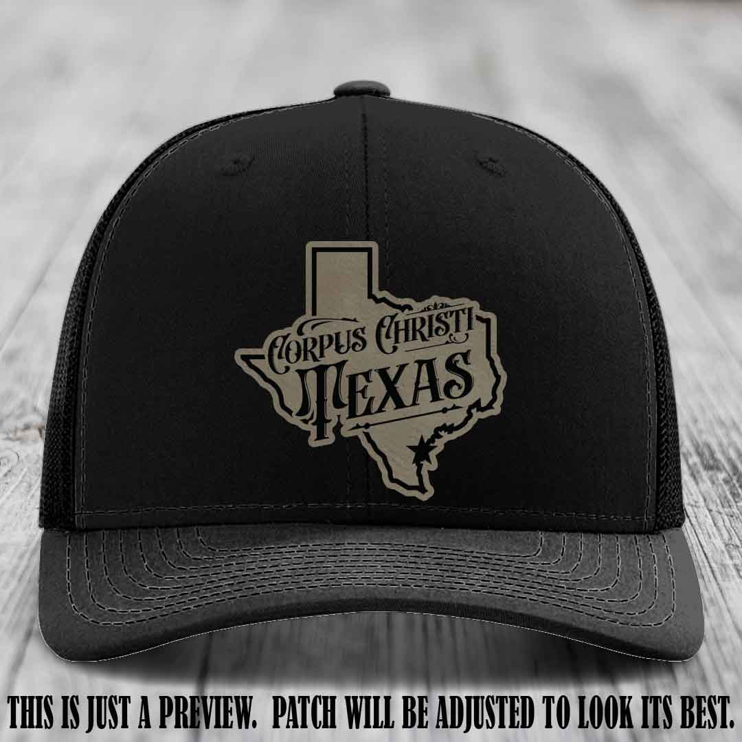 Corpus Christi Texas Light Brown to Black Patch Leather Patch on Black Hat Richardson 112 Hat