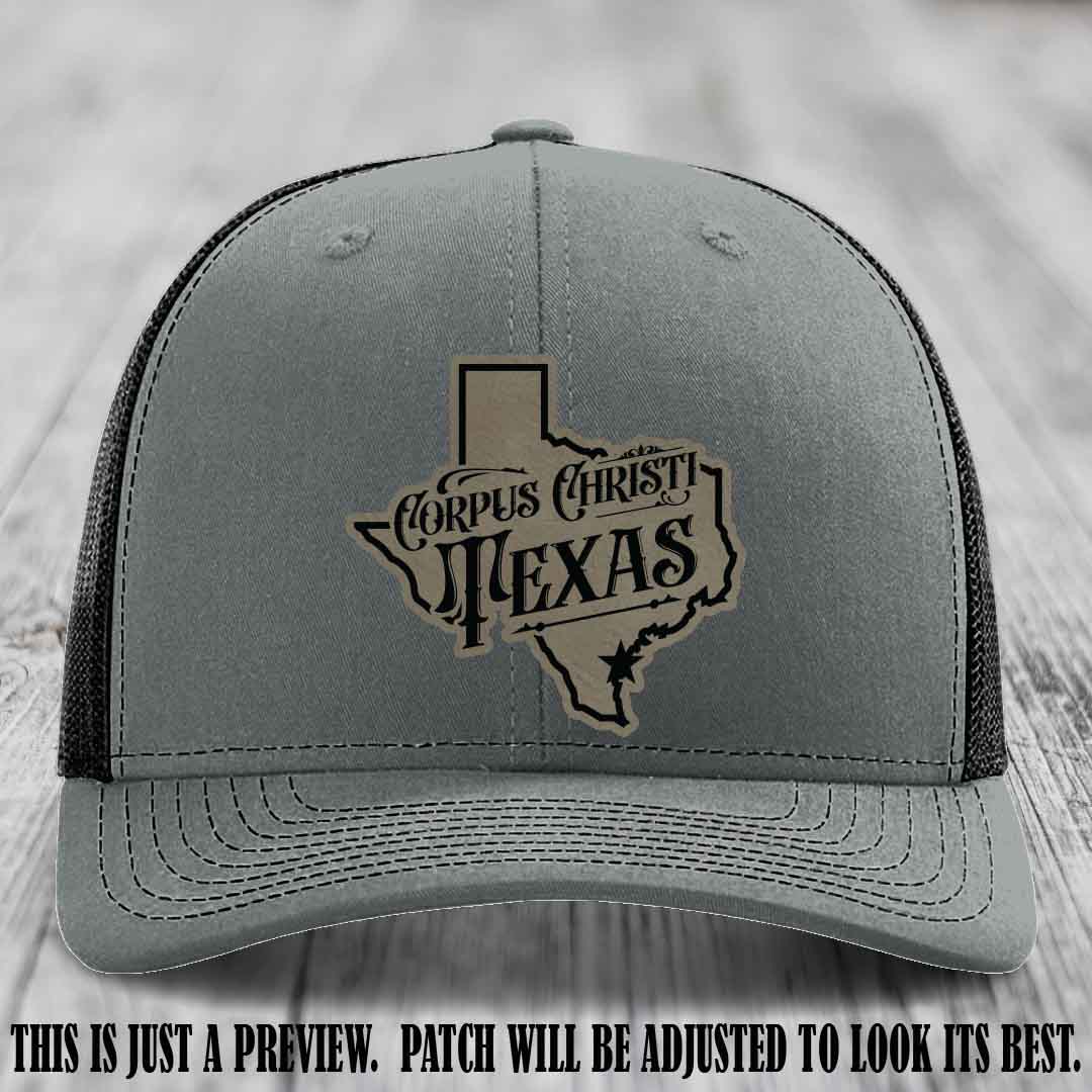 Corpus Christi Texas Light Brown to Black Patch Leather Patch on Heather Grey to Black Hat Richardson 112 Hat