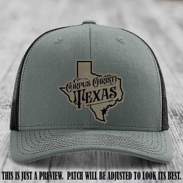 Corpus Christi Texas Light Brown to Black Patch Leather Patch on Heather Grey to Black Hat Richardson 112 Hat