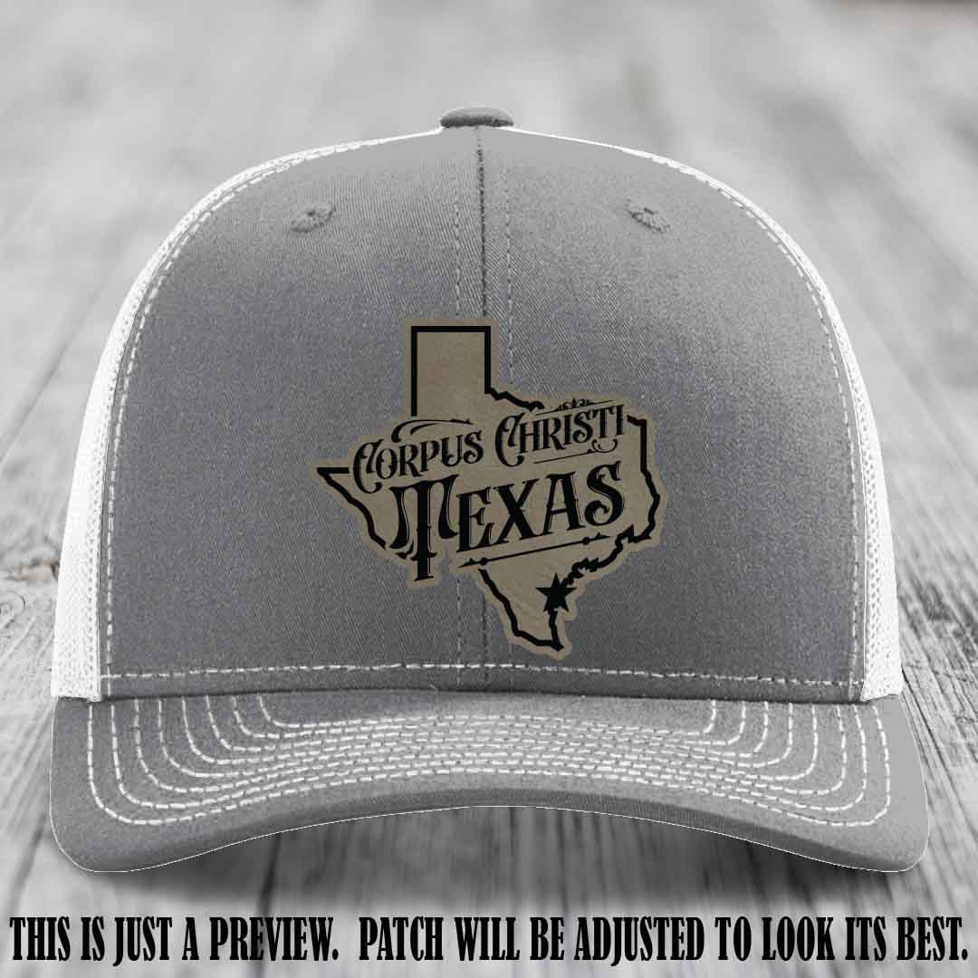 Corpus Christi Texas Light Brown to Black Patch Leather Patch on Heather Grey to White Hat Richardson 112 Hat