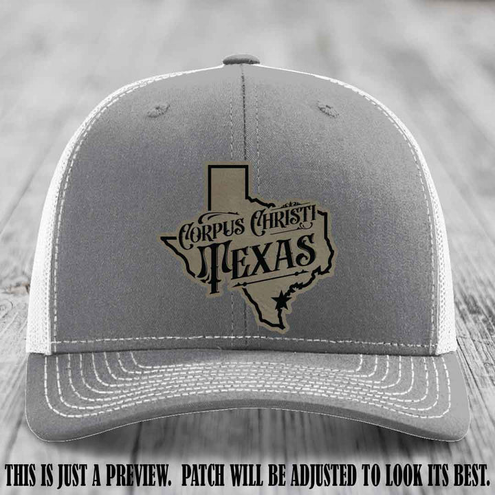 Corpus Christi Texas Light Brown to Black Patch Leather Patch on Heather Grey to White Hat Richardson 112 Hat