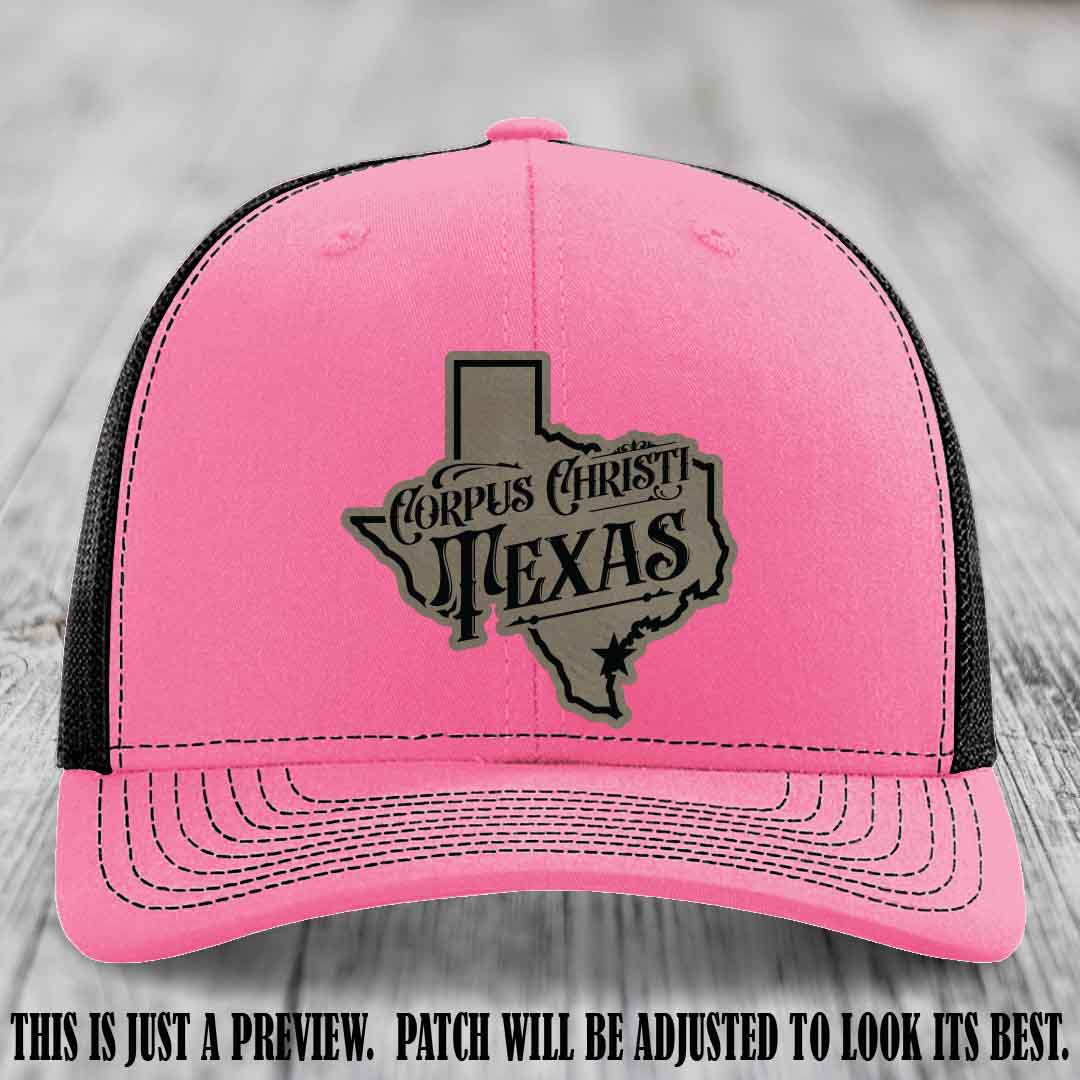 Corpus Christi Texas Light Brown to Black Patch Leather Patch on Hot Pink to Black Hat Richardson 112 Hat