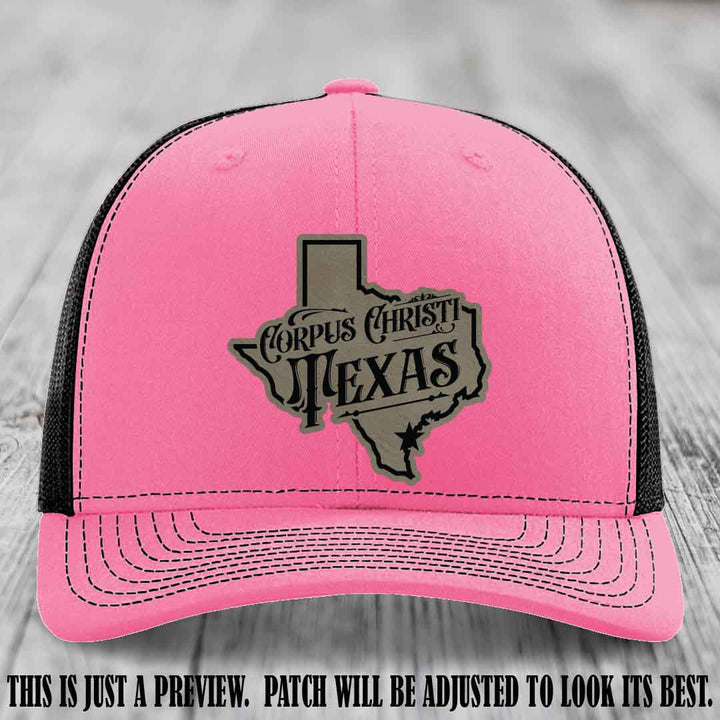 Corpus Christi Texas Light Brown to Black Patch Leather Patch on Hot Pink to Black Hat Richardson 112 Hat