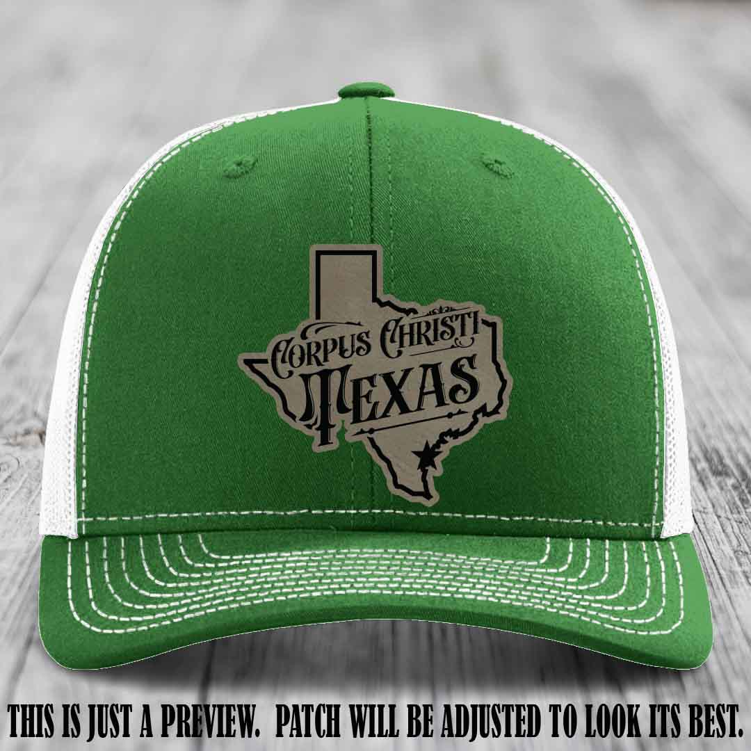 Corpus Christi Texas Light Brown to Black Patch Leather Patch on Kelly to White Hat Richardson 112 Hat