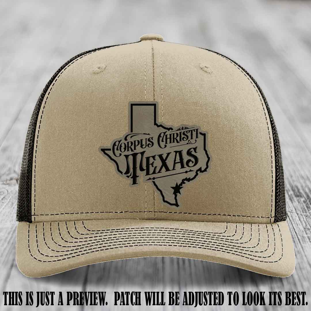 Corpus Christi Texas Light Brown to Black Patch Leather Patch on Khaki to Coffee Hat Richardson 112 Hat