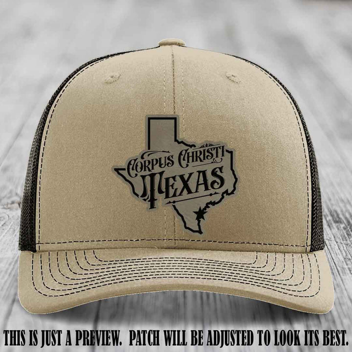 Corpus Christi Texas Light Brown to Black Patch Leather Patch on Khaki to Coffee Hat Richardson 112 Hat